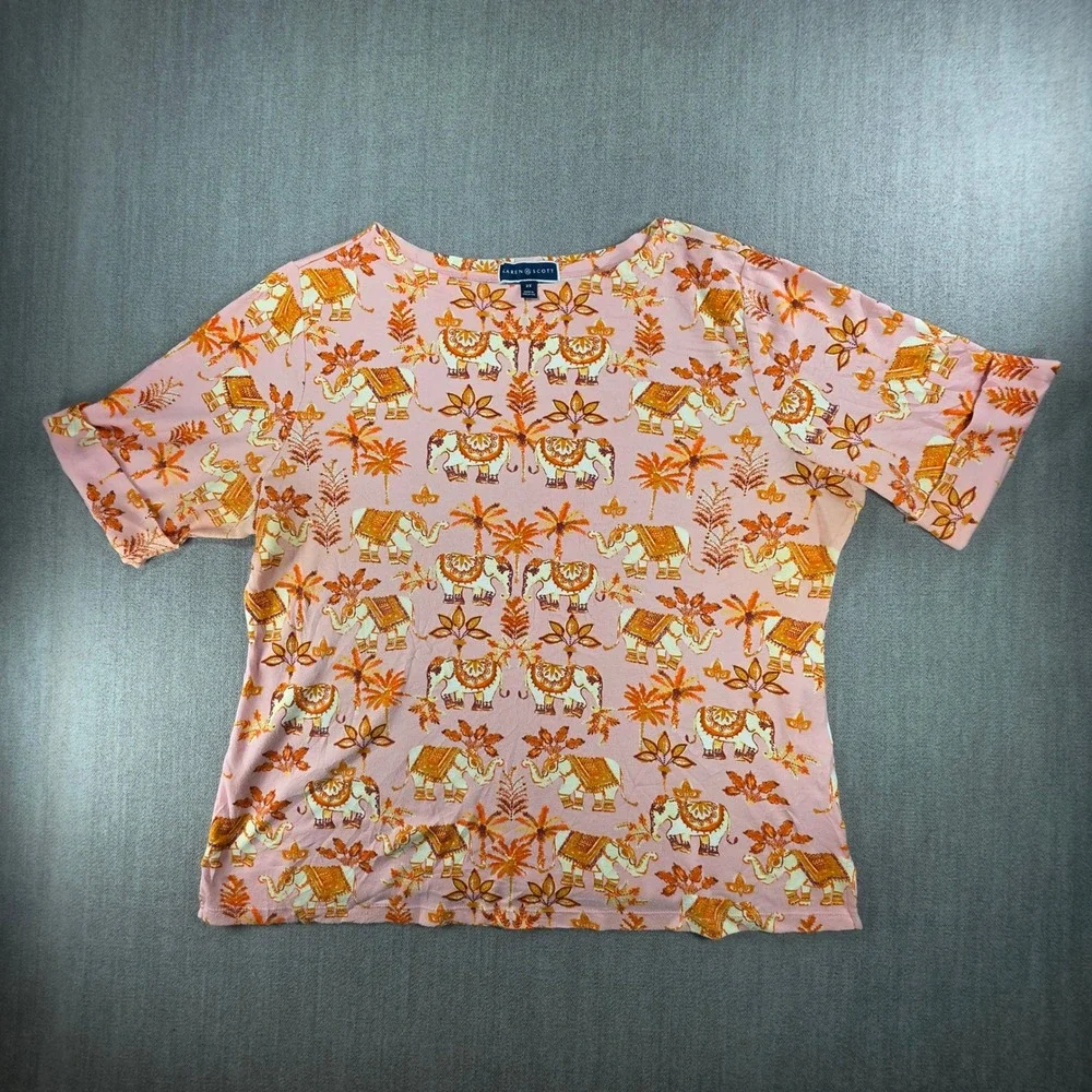Karen Scott T-Shirt Women 2X Pink Elephant Palm Tree Print Cuffed Short Sleeve